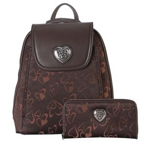 RIMEN & Co Brown Heart Embossed Backpack & Wallet
